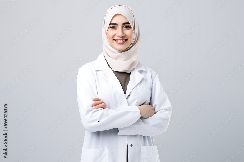 Portrait of muslim doctor in white coat standing with her arms crossed looking at camera with white background, AI Generated Portrait of muslim doctor in white coat standing with her arms crossed looking at camera with white background, AI Generated