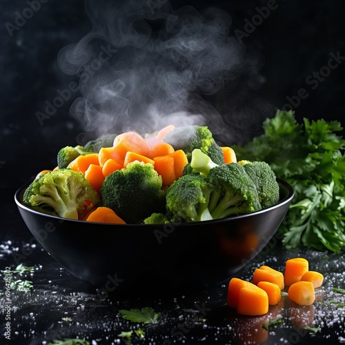 The steam from the vegetables carrots broccoli on a pan. vegetables in a pan