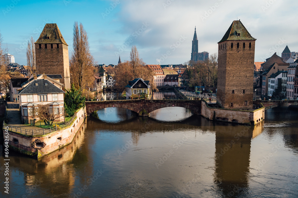 Winter panorama of the famous bridges Ponts Couverts in Strasbourg, France.

