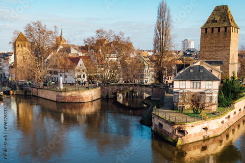 Winter panorama of the famous bridges Ponts Couverts in Strasbourg, France.
 photo