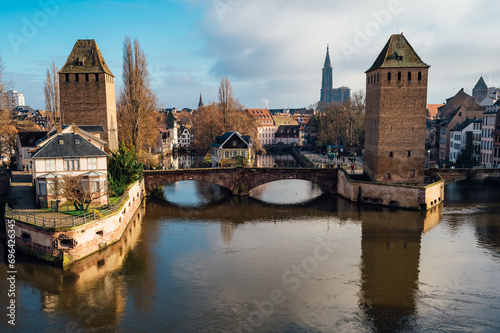 Winter panorama of the famous bridges Ponts Couverts in Strasbourg, France. 