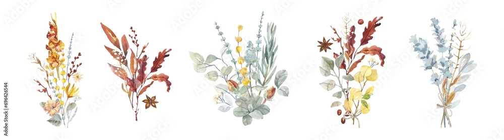 Watercolor hand painted botanical autumn leaves and branches illustration clipart isolated on white background Isolated objects for wedding invitations and greeting cards