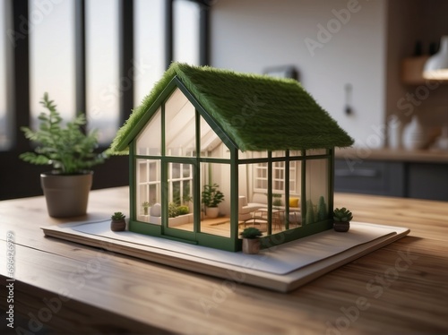 concept 3d render model of a small living eco -friendly green house on a table in a real estate agency