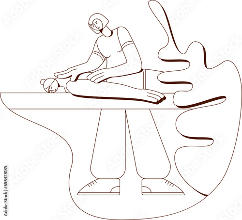 Traditional wellness back and neck massage with professional massage therapist in spa. Contour drawing. Isolated vector illustration.