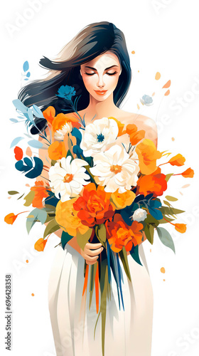  romantic woman europaen with flowers wedding invitation card birthday mother's day light dress photo