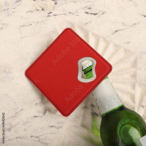 Fotografi Coaster Bottle Opener, Leather Bottle Opener, top view, concept shoot, beer or d