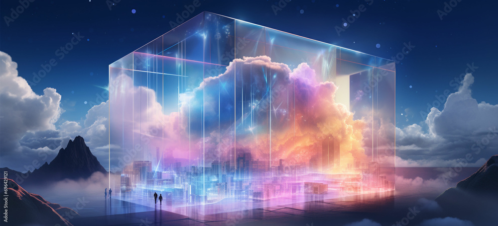 Obraz premium Illustrate a glass prism with a cloud of digital data inside, highlighting the idea