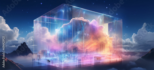 Illustrate a glass prism with a cloud of digital data inside, highlighting the idea