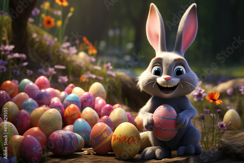 Easter bunny outdoors surrounded by many easter eggs. Generative AI.