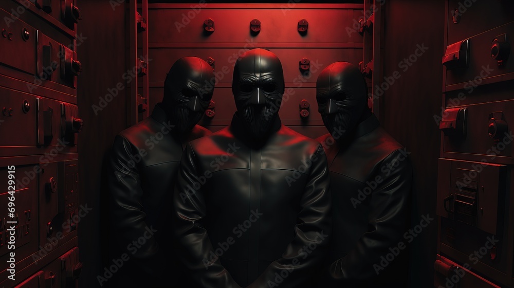 three prisoners dressed in black with black masks on, the old fashion safe - obrazy, fototapety, plakaty 