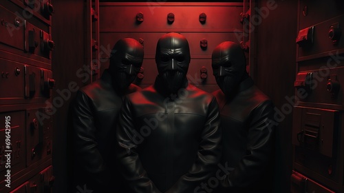 three prisoners dressed in black with black masks on, the old fashion safe photo