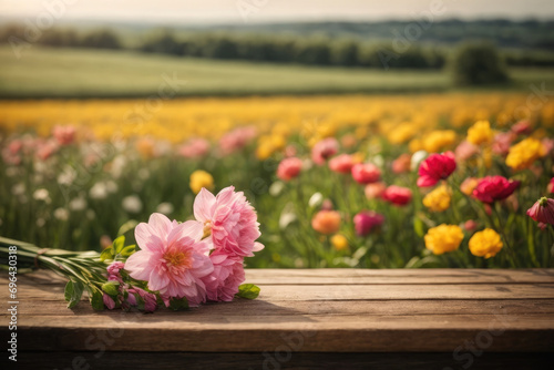 empty wooden table with blur natural spring flowers background