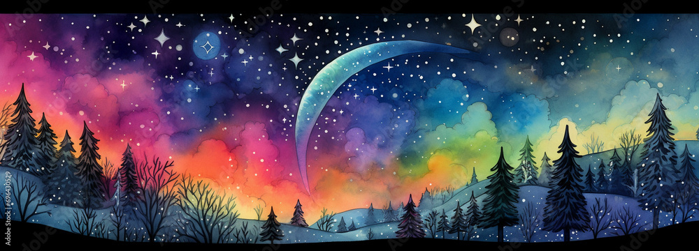Illustrate a nighttime sky filled with stars, a crescent moon, and a rainbow colored aurora borealis.
