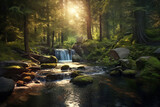 Peaceful forest oasis with a pond and soft waterfall and crepuscular rays