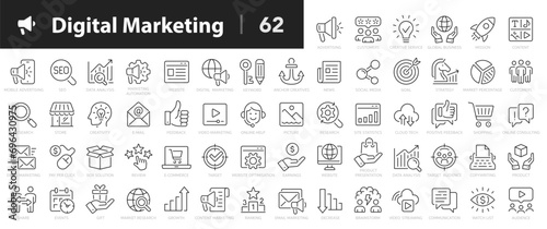 Digital marketing line icons set. Marketing outline icons collection. Website, seo, social media, online advertising, mail, content, strategy, target, feedback, store - stock vector.