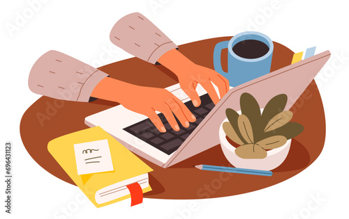 Hands working on a laptop. Working space. Online learning or home office. Flat vector illustration