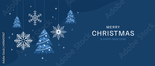 Christmas and New Year greeting card. Shining decorations with Christmas trees and snowflakes on dark blue background. Flat vector illustration