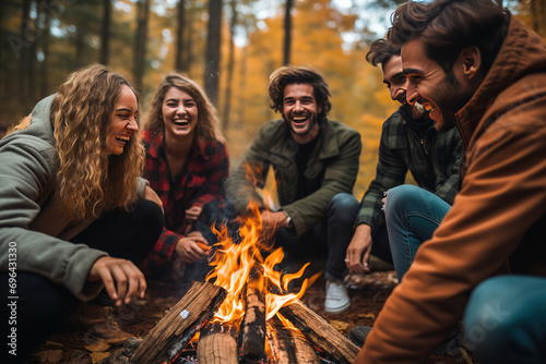 Joyous group of millennials laughing and bonding around a campfire, embodying friendship and fun during a wilderness camping adventure,