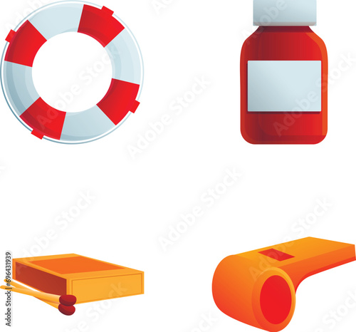 Summer vacation icons set cartoon vector. Equipment for recreation near water. Tourism, rest