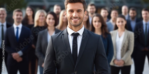 Young businessman standing in front of large group of people. 