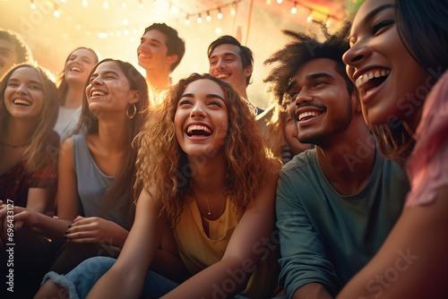 Diverse group of friends candidly enjoying a music festival, embodying the energy and vitality of live concert fun, millennials, generation z