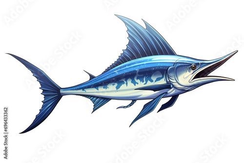 Detailed illustration of a blue marlin swordfish jumping out of the ocean isolated on a white background © arhendrix
