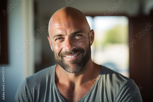 Stock Photo of a Mature no hair Young Man's Frontal Pose with Serenity