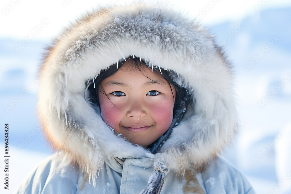 Closeup portrait of a joyful Inuit native American child smiling facing the camera on a winter day Closeup portrait of a joyful Inuit native American child smiling facing the camera on a winter day