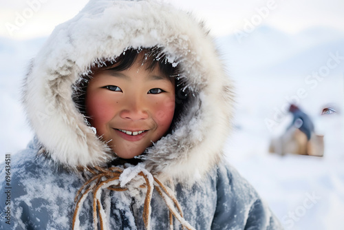 Closeup portrait of a joyful Inuit native American child smiling facing the camera on a winter day photo