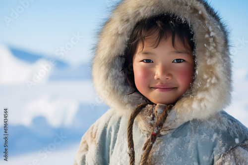 Closeup portrait of a joyful Inuit native American child smiling facing the camera on a winter day