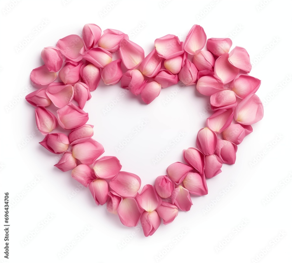 A heart of pink rose petals on a white background.