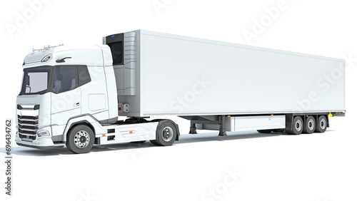 Truck with Reefer Refrigerator Trailer 3D rendering on white background