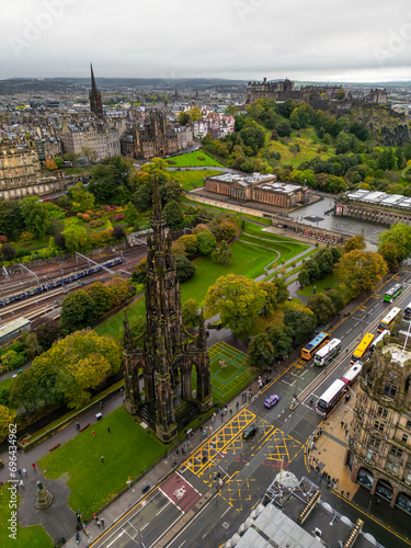 Aerial View of Edinburgh UK, Edinburgh Castle, Old Town, Scotland, United Kingdom. Top Cinematic Aerial View. 