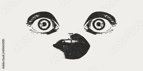 Retro photocopy style eyes and mouth.  Grain effect and stippling. Vector dots texture.	