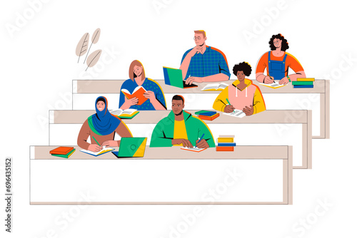 Lecture hall with students of different races. Boys and girls study with books, computers and gadgets. Education concept. Flat vector isolated.