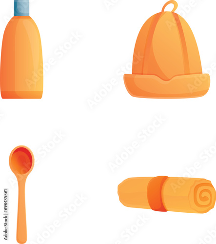 Bathhouse inventory icons set cartoon vector. Equipment for steam room visiting. Sauna, therapy and relaxation
