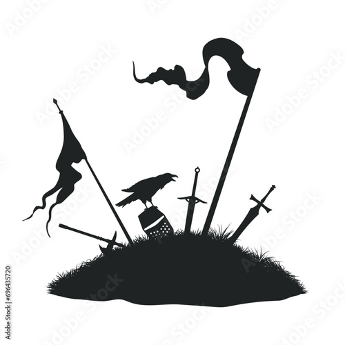 Medieval battlefield landscape. Isolated silhouette of warrior grave. Knight mound with sword, helmet and flags. Middle age battle scene