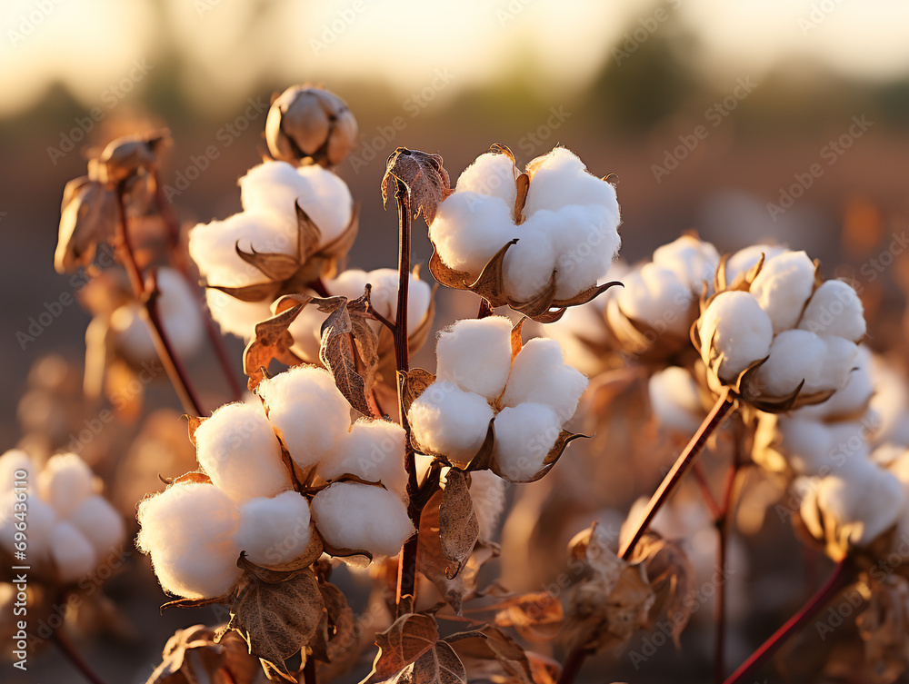 Close-up of mature cotton bolls on a healthy plant against a blurred background. Cultivated commercially to make high-quality textiles. Close-up of mature cotton bolls on a healthy plant against a blurred background. Cultivated commercially to make high-quality textiles.
