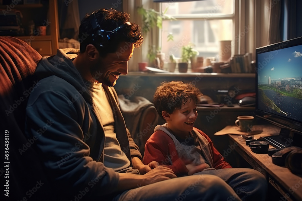 a father and son playing video games, sharing fun, love, and togetherness, showcasing real-life parenthood, a father and son playing video games, sharing fun, love, and togetherness, showcasing real-life parenthood,