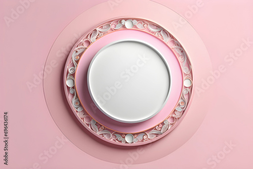 A background of flowers and leaves combined with a pink background, a background with a space for writing circular messages, and a background that can be used for cosmetic advertisements. Generative A