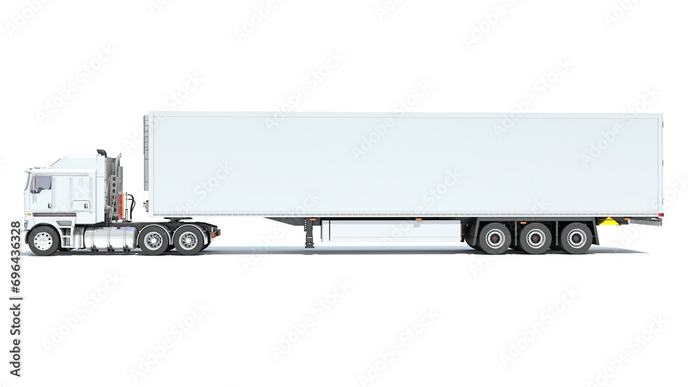 Truck with Reefer Refrigerator Trailer 3D rendering on white background Truck with Reefer Refrigerator Trailer 3D rendering on white background