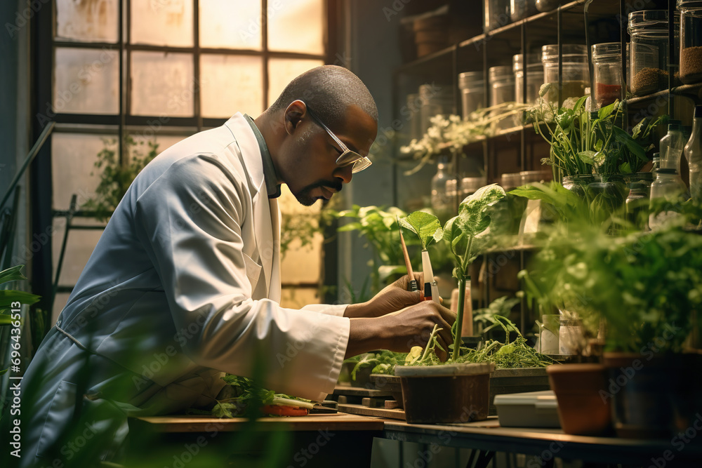 African American botanist inspecting plants in a lab using genetic engineering and hydroponics. A candid snapshot of modern plant science and biotechnology in action African American botanist inspecting plants in a lab using genetic engineering and hydroponics. A candid snapshot of modern plant science and biotechnology in action