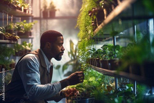 African American botanist inspecting plants in a lab using genetic engineering and hydroponics. A candid snapshot of modern plant science and biotechnology in action photo