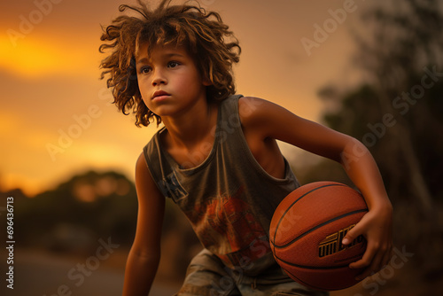 A young boy practices his basketball skills, aiming for the basket. His determination underscores the joy of the sport and the thrill of achievement. © arhendrix