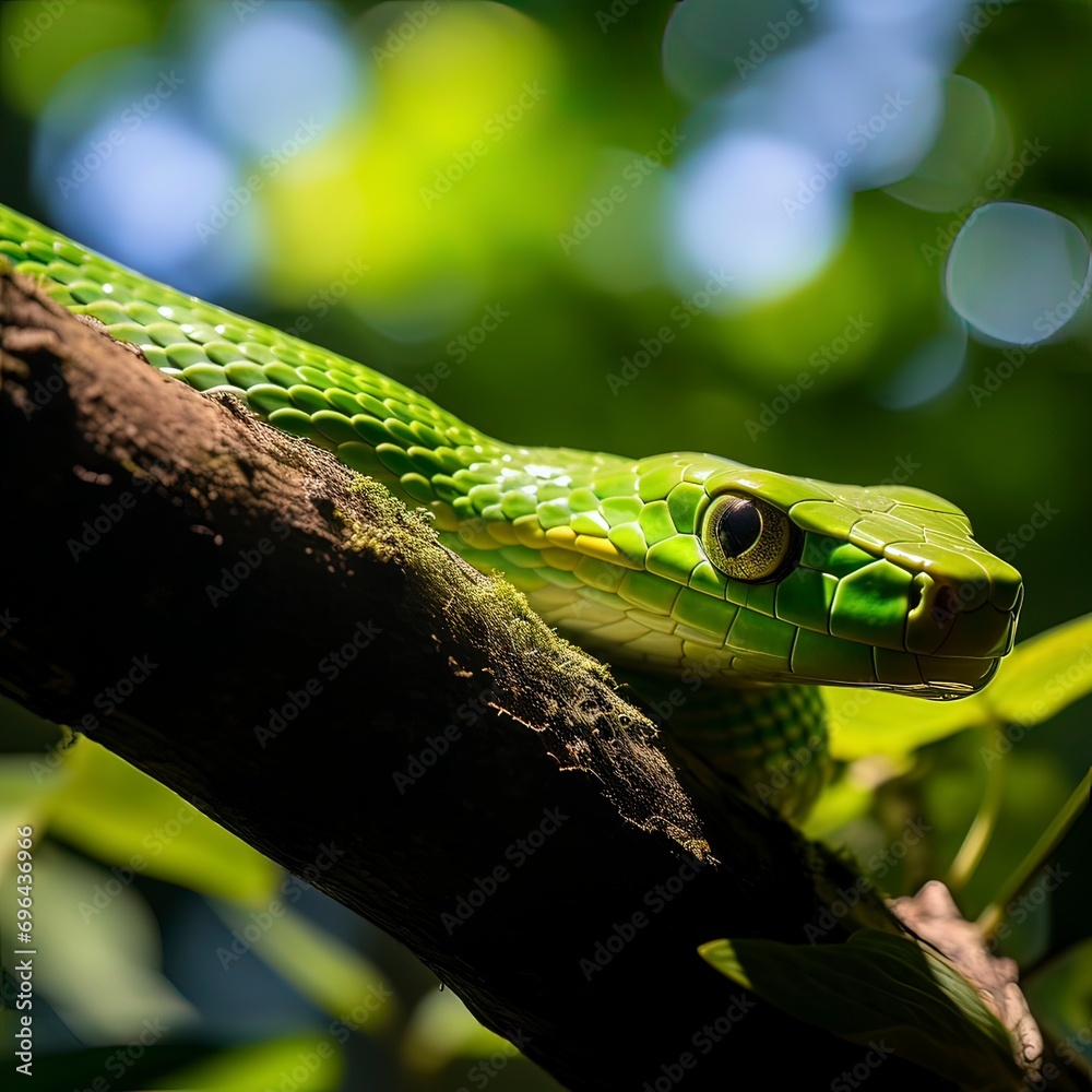 Image of a Green Tree Snake on a Branch, generative ai. Image of a Green Tree Snake on a Branch, generative ai.