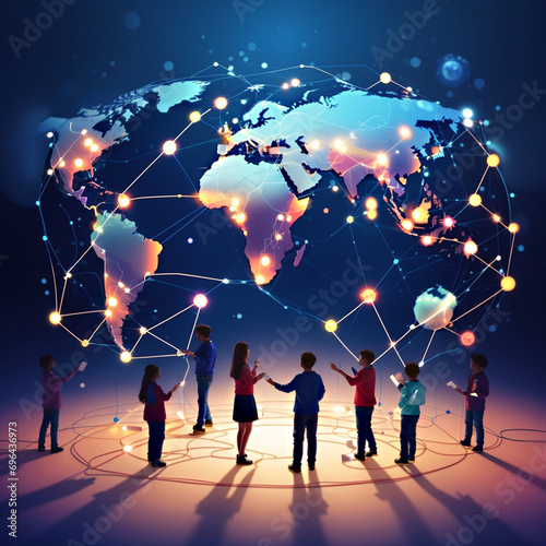 Illustration of people celebrating World Telecommunications and Information Society Day by exploring the concept of communication that connects the whole world