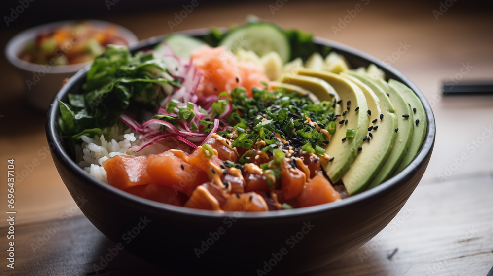 Pokebowl with salmon avocado cucumber and seasoning Pokebowl with salmon avocado cucumber and seasoning