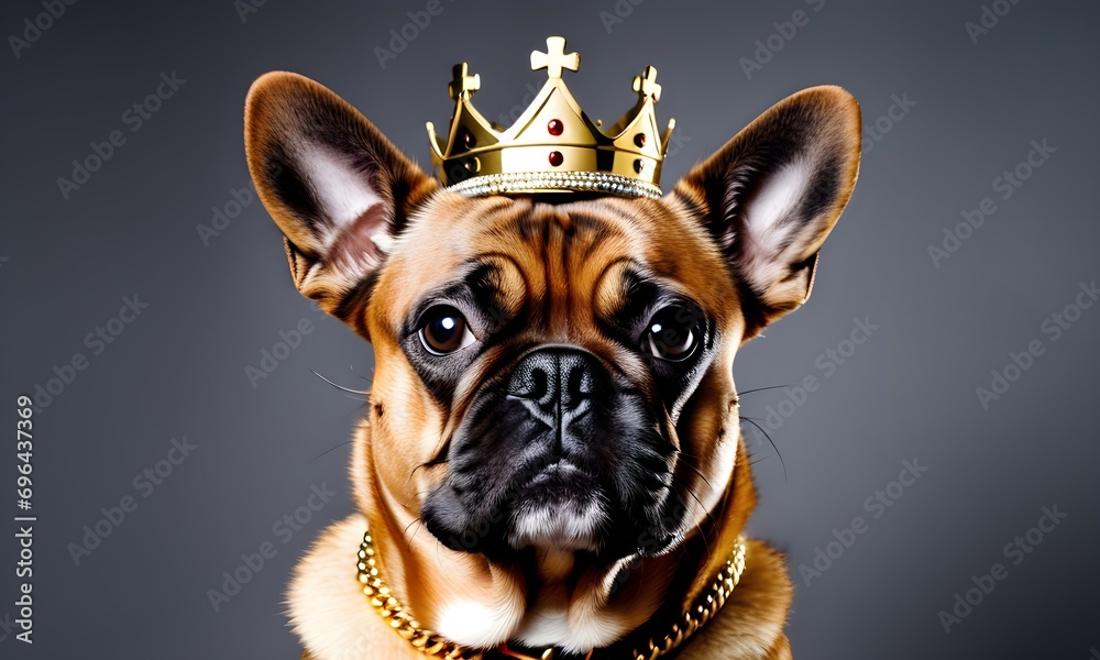 Funny french bulldog dog wearing golden crown. Studio shot.