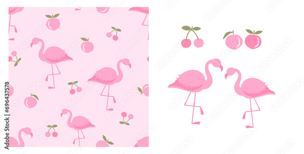 Seamless pattern with flamingo, cherry and pink peach fruit on white background vector. Seamless pattern with flamingo, cherry and pink peach fruit on white background vector.