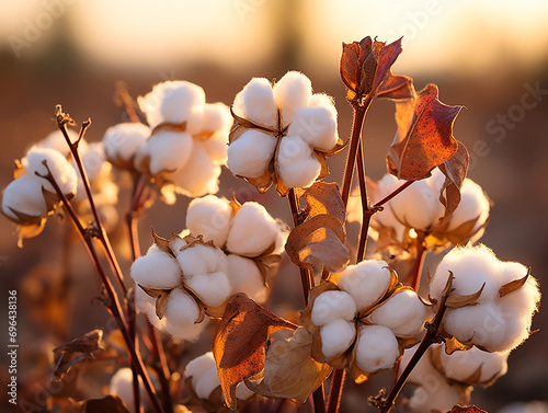 Close-up of mature cotton bolls on a healthy plant against a blurred background. Cultivated commercially to make high-quality textiles.